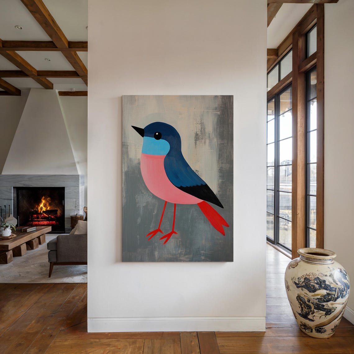 Minimalist Pink Blue Bird Illustration Modern Colorful Wall Art - Image 3