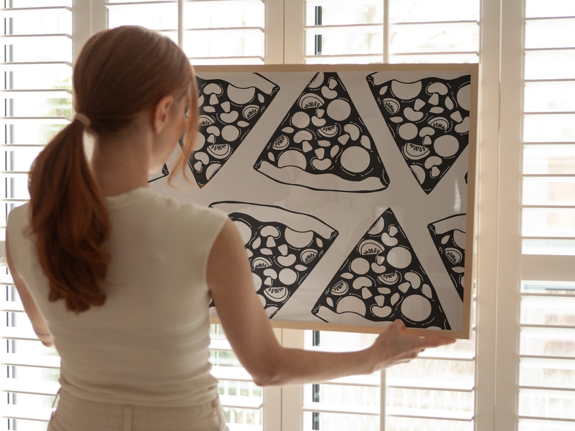 Pizza Slice Repeat Pattern Black Line Art Kitchen Wall Decor Poster - Image 2