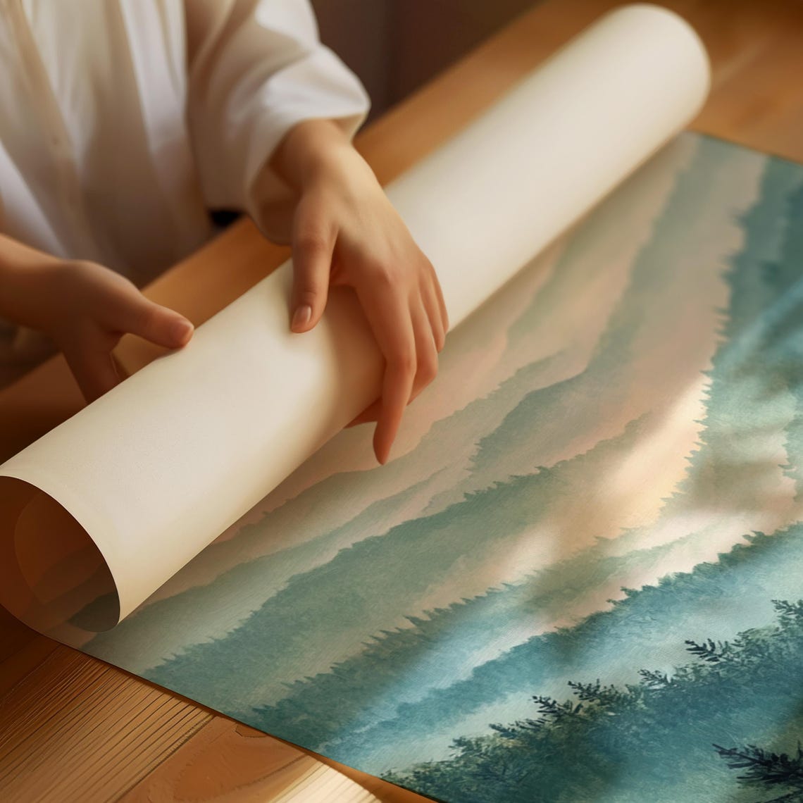 Misty Mountain Sunrise Print Tranquil Landscape Painting Serene Nature Wall Art Forest Hills Decor For Home Or Office - Image 4