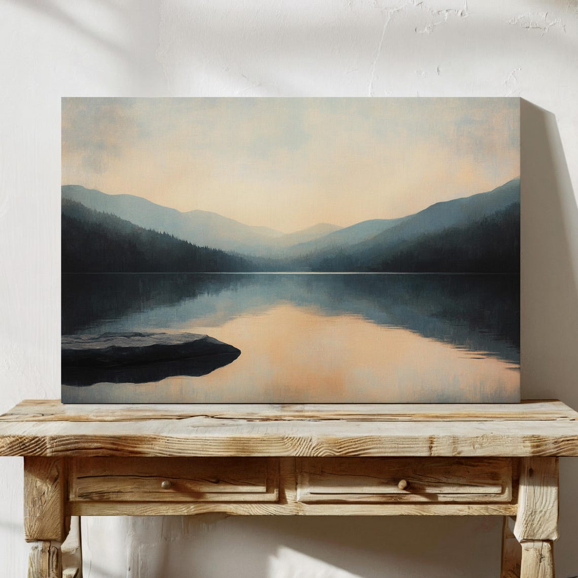 Minimalist Mountain Lake Wall Art Print Tranquil Sunset Reflection Nature Scene Soft Wilderness Decor For Modern Or Rustic Spaces