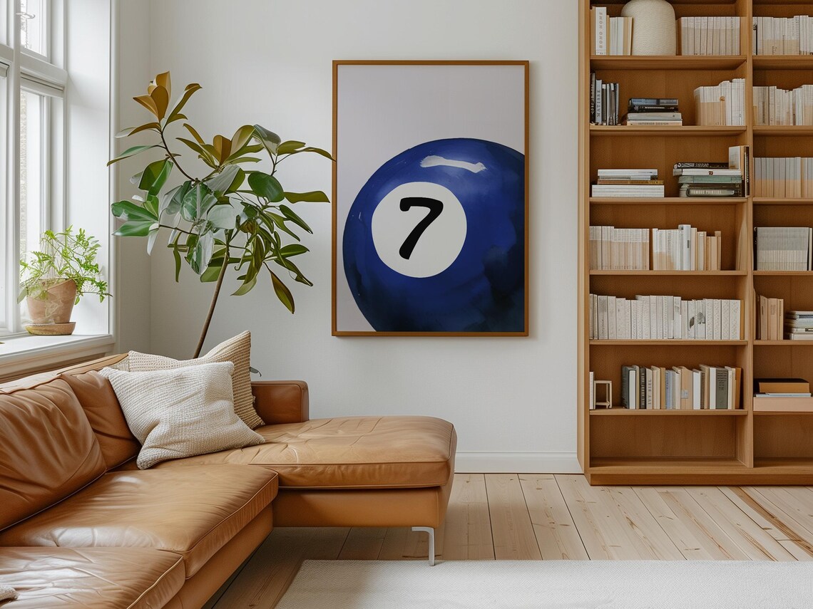 Lucky Number 7 Blue Watercolor Pool Ball Retro Sport Wall Art - Image 5