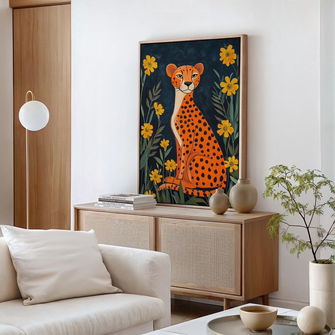 Orange Spotted Cheetah Sitting Among Yellow Flowers Night Garden Poster - Image 3