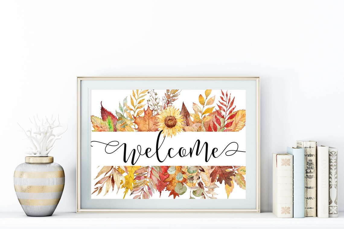Welcome Fall Leaves Watercolor Sunflower Autumn Entryway Sign Poster - Image 2