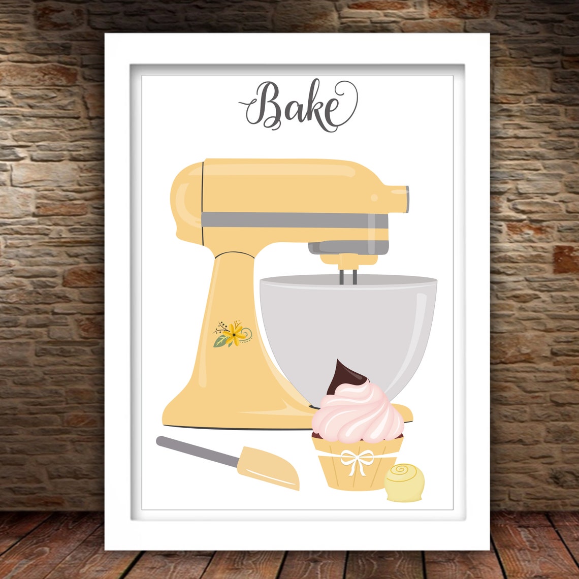Yellow Stand Mixer Bake Kitchen Cupcake Spatula Baking Decor Poster - Image 2