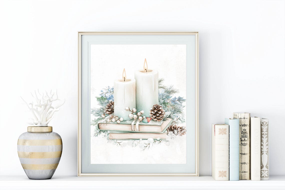 Lit Candles on Books with Pinecones Watercolor Winter Wall Art - Image 2