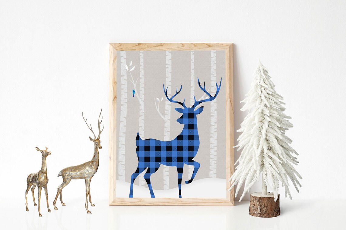 Blue Buffalo Plaid Deer Birch Forest Winter Woodland Snow Silhouette Poster - Image 2