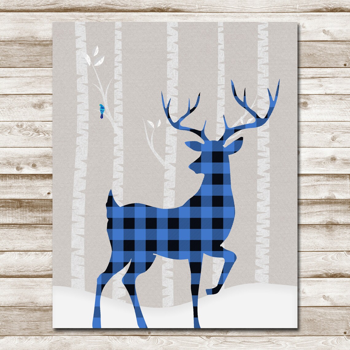 Blue Buffalo Plaid Deer Birch Forest Winter Woodland Snow Silhouette Poster - Image 4