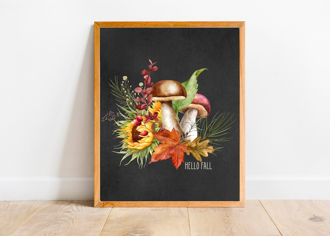 Hello Fall Chalkboard Mushroom Sunflower Woodland Autumn Poster - Image 3