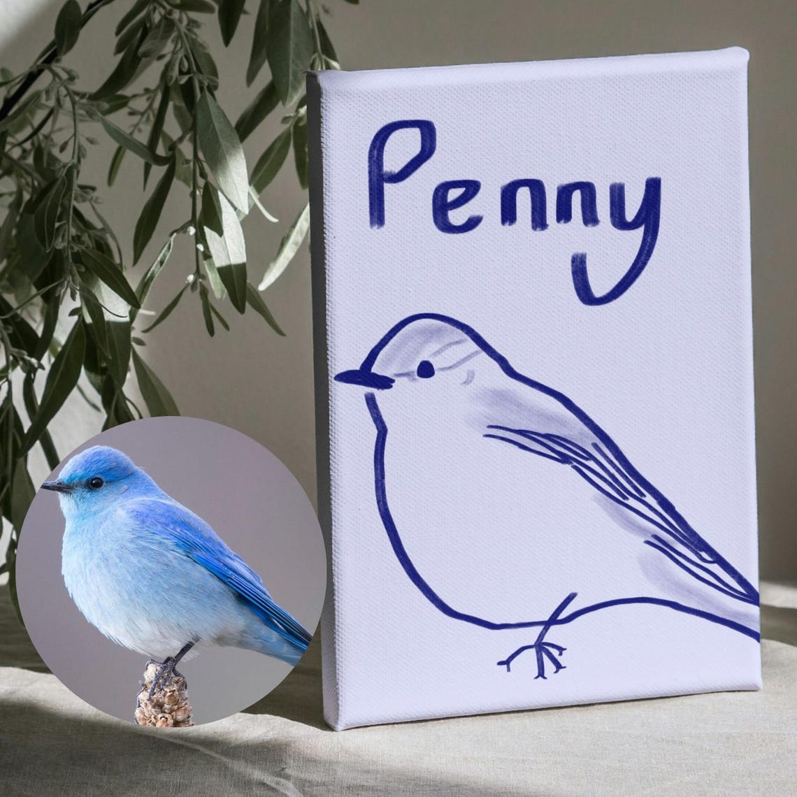 Penny the Bluebird Custom Name Blue Bird Doodle Nature Wall Art