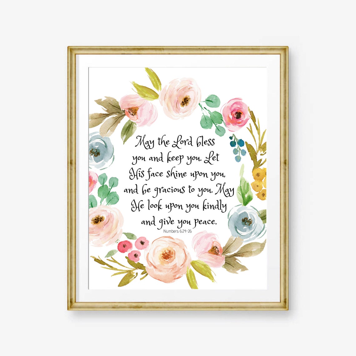 Numbers 6:24-26 Blessing Floral Wreath Scripture Watercolor Poster