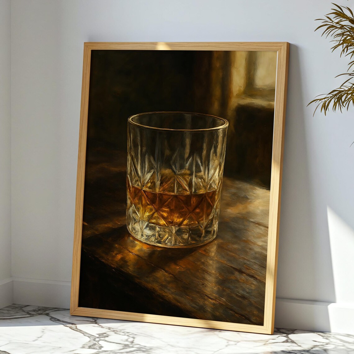 Whiskey Glass Bourbon Still Life Dark Wood Moody Bar Room Decor Print