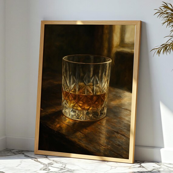 Whiskey Glass Bourbon Still Life Dark Wood Moody Bar Room Decor Print