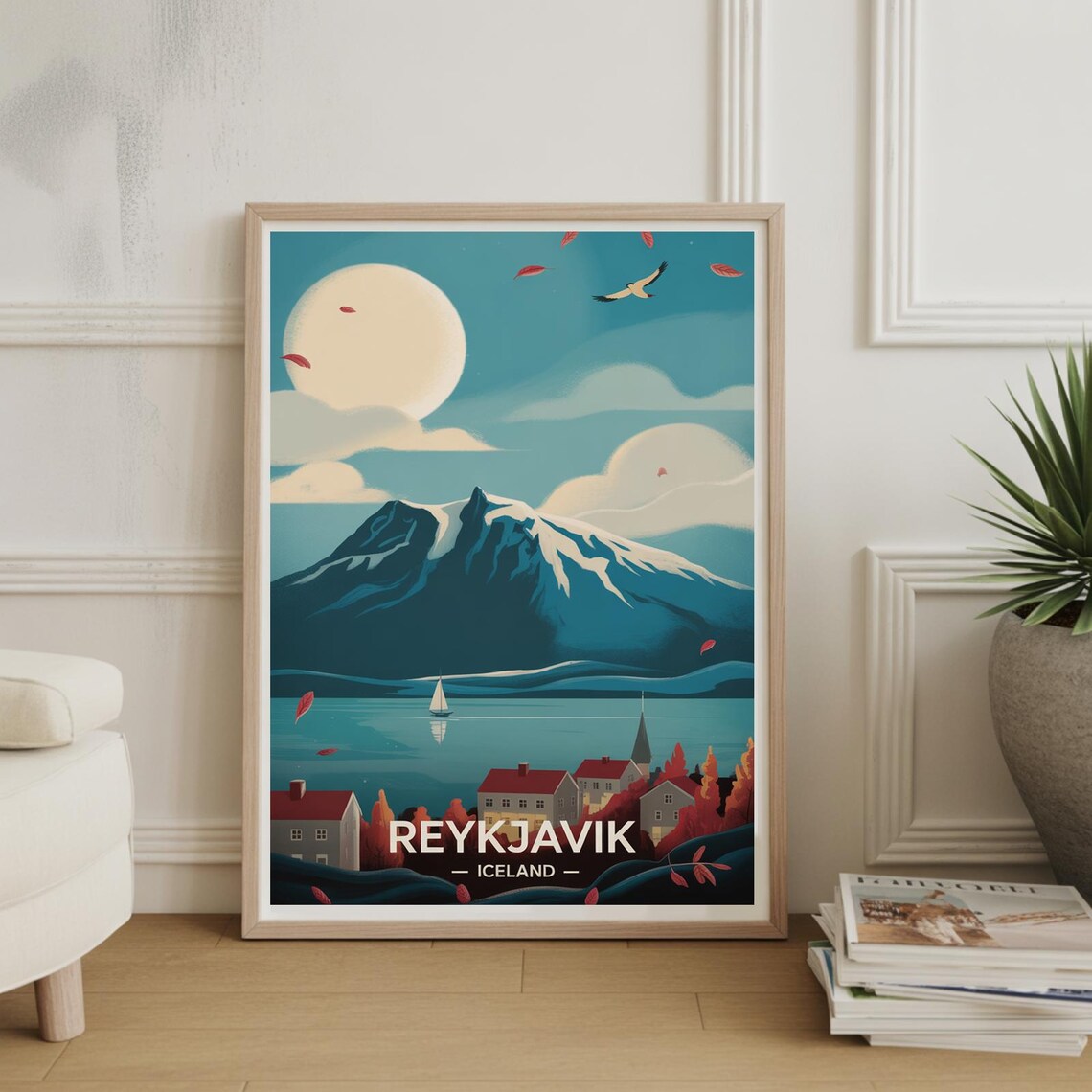 Reykjavik Iceland Harbor Mountain Moon Retro Travel Art Poster