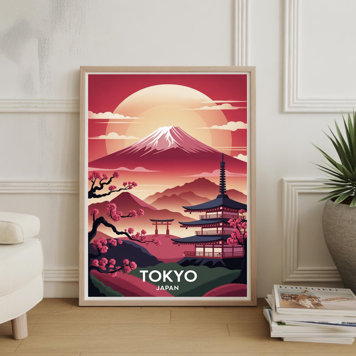 Tokyo Japan Mount Fuji Pagoda Cherry Blossom Sunrise Travel Poster