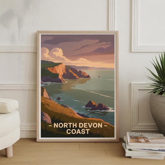North Devon Coast Cliffs Golden Sunset Sea Vintage Travel Poster