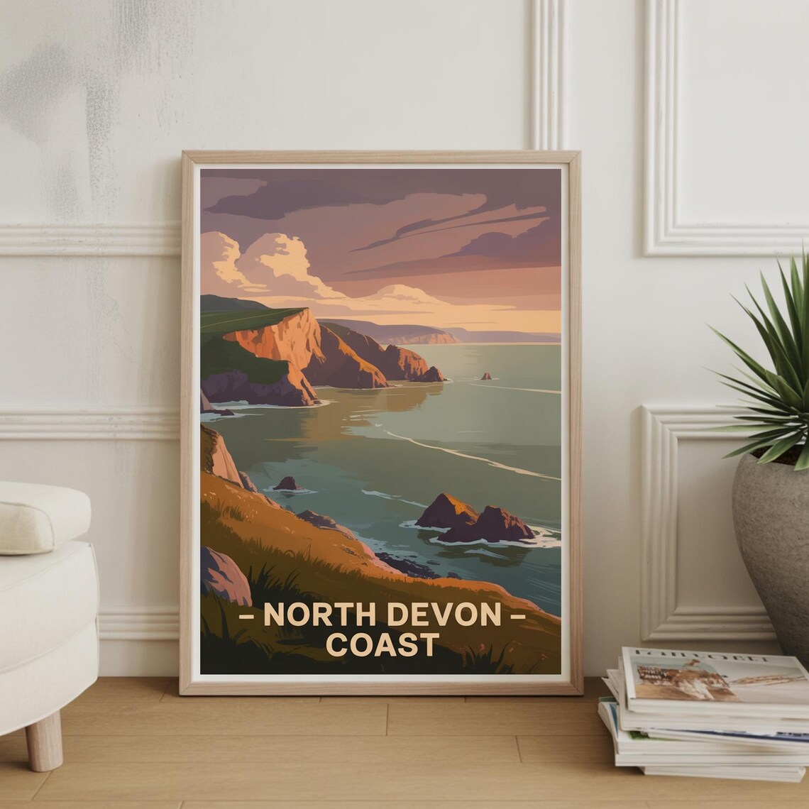 North Devon Coast Cliffs Golden Sunset Sea Vintage Travel Poster