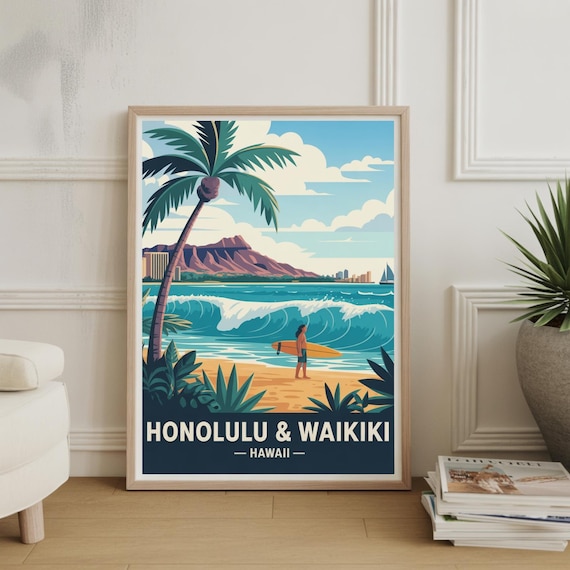 Honolulu Waikiki Hawaii Travel Poster Surfer Palm Beach Retro Art
