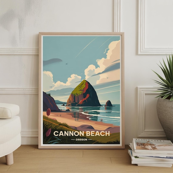 Cannon Beach Oregon Haystack Rock Retro Coastline Travel Poster