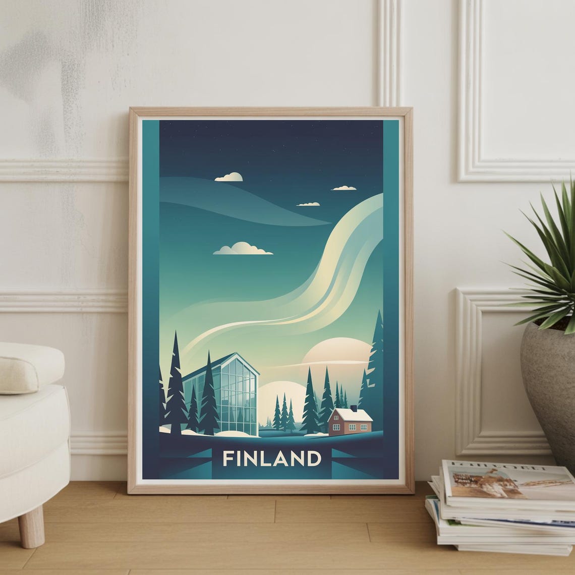 Finland Northern Lights Winter Cabin Scandinavian Travel Poster