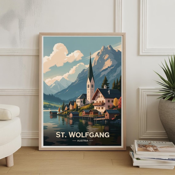 St Wolfgang Austria Vintage Lakeside Village Mountain Travel Poster