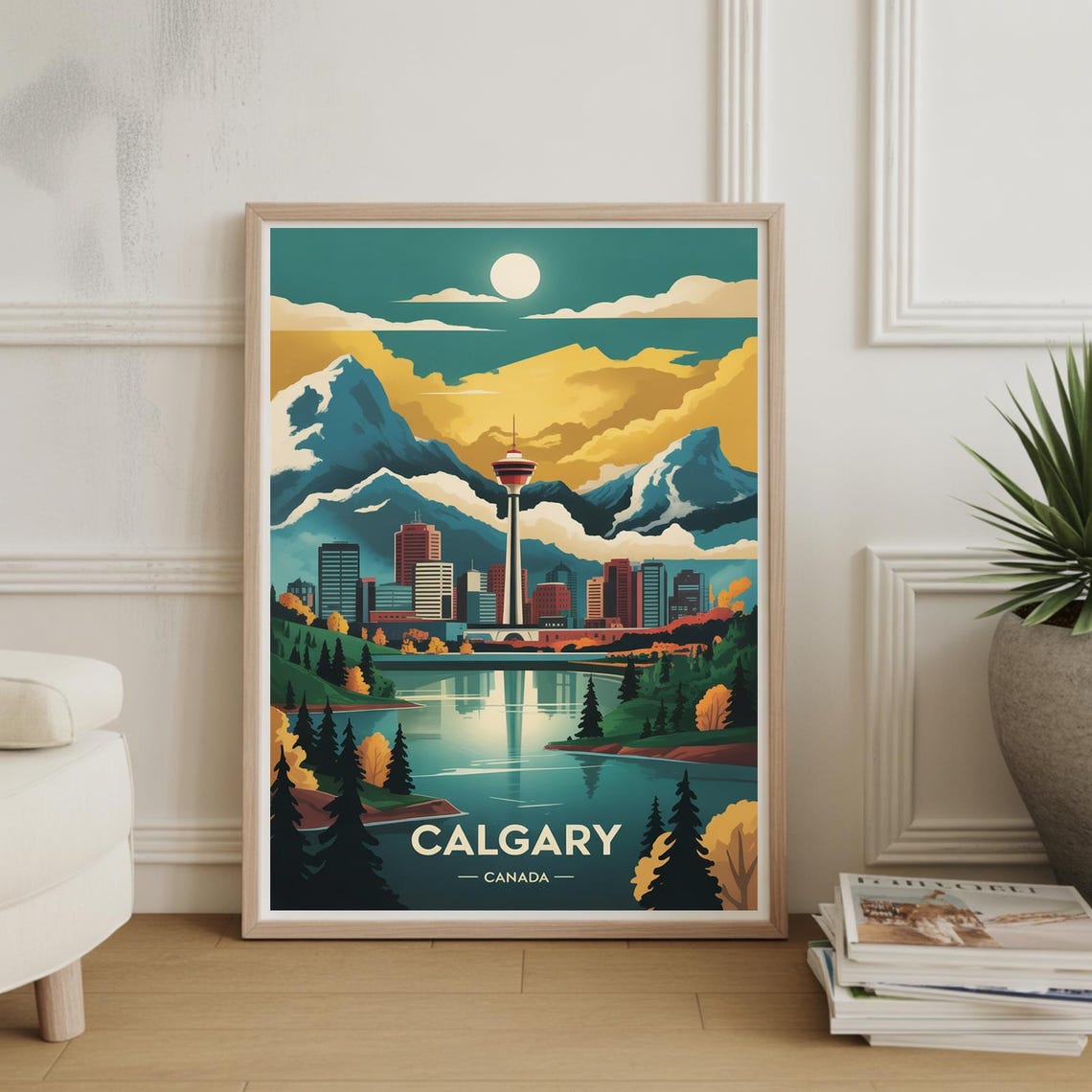 Calgary Canada Retro Travel Poster Tower Skyline Rocky Mountains