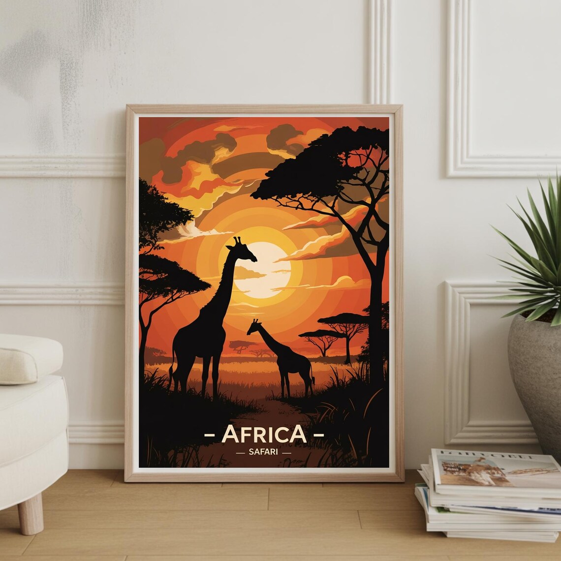 Africa Safari Sunset Poster Giraffes Silhouette Acacia Trees Vintage Art