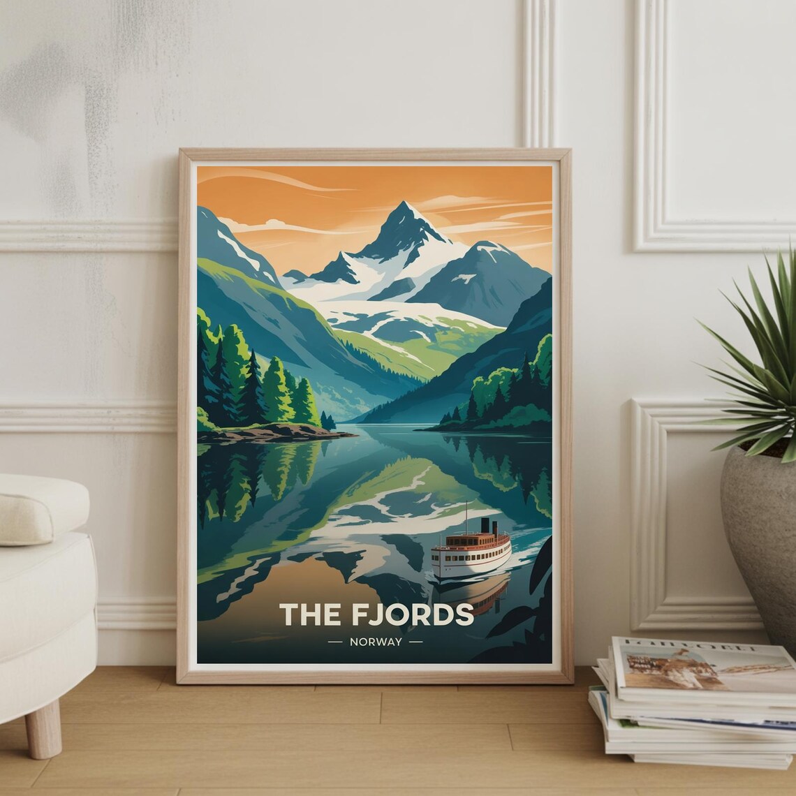 The Fjords Norway Vintage Mountain Lake Sunset Travel Gift Poster