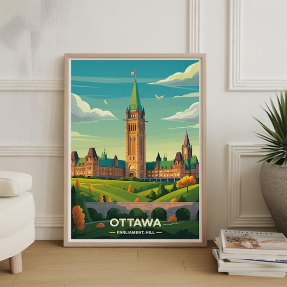 Ottawa Parliament Hill Retro Canada Travel Illustration Poster