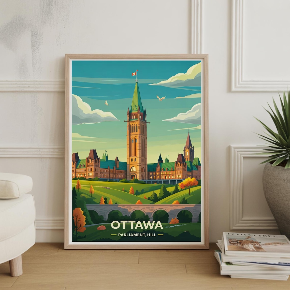Ottawa Parliament Hill Retro Canada Travel Illustration Poster