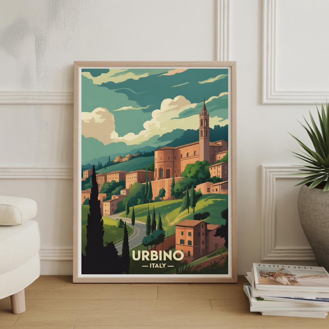 Urbino Italy Hilltop Cityscape Church Tower Cypress Travel Poster