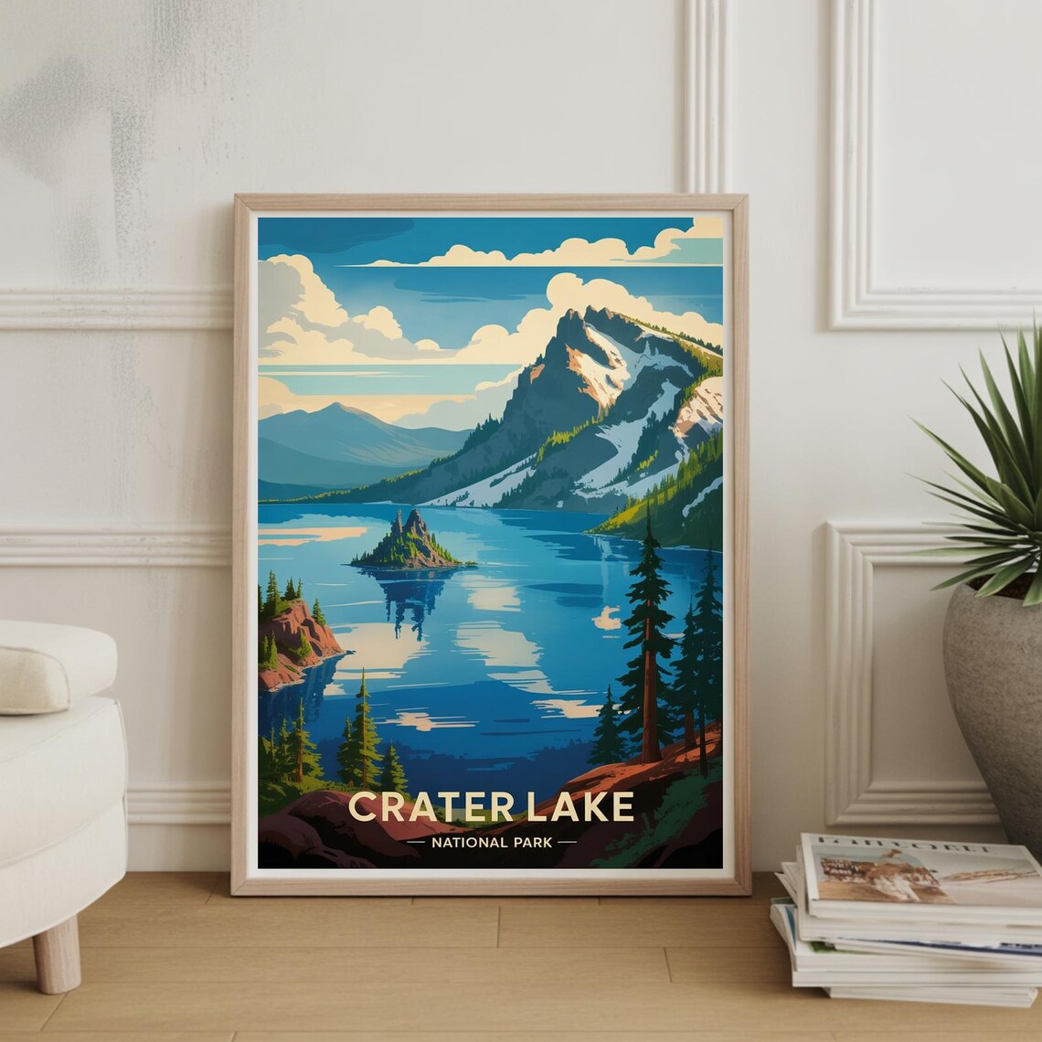 Crater Lake National Park Wizard Island Alpine Landscape Vintage Poster