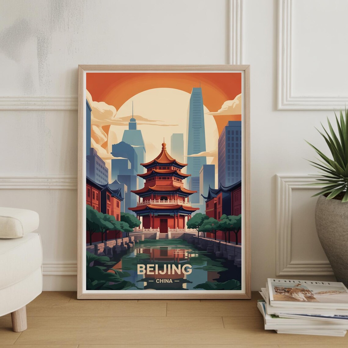 Beijing China Temple Pagoda Skyline Lake Travel Vintage Style Poster