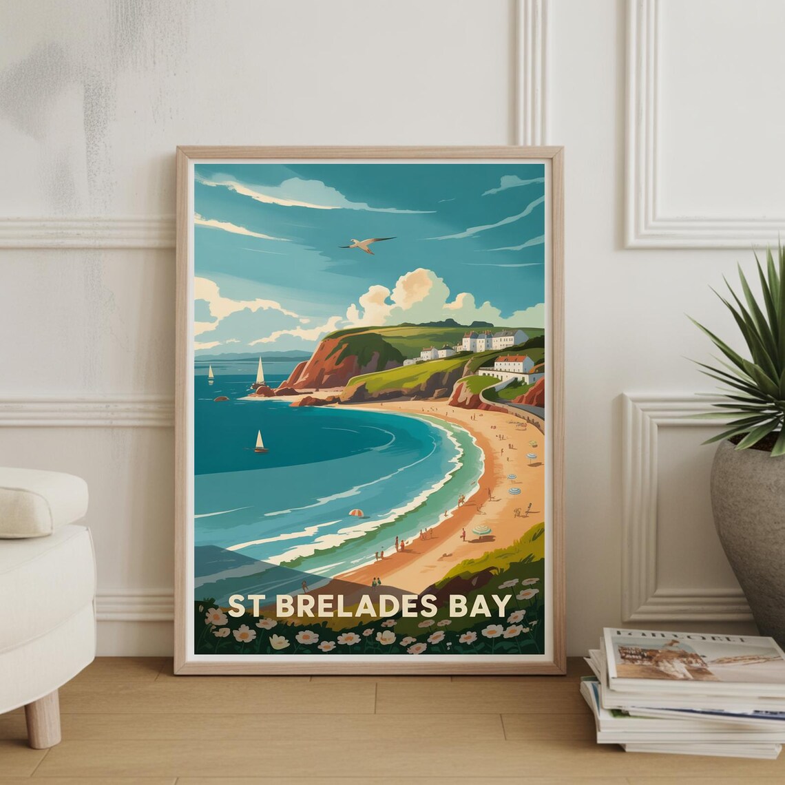 St Brelades Bay Coastal Beach Sailboats Scenic Travel Poster