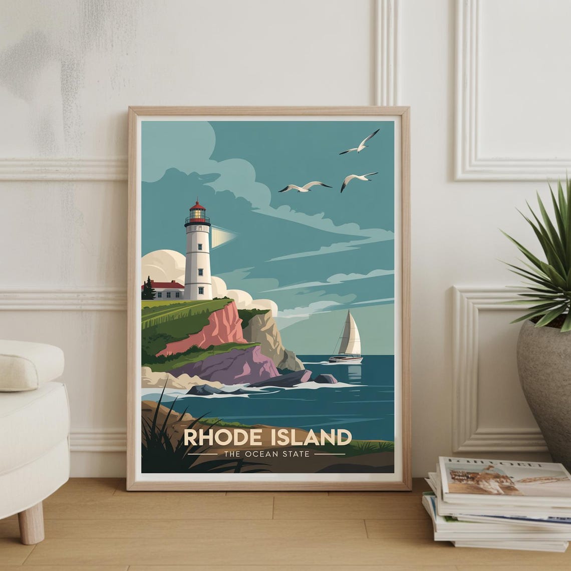 Rhode Island The Ocean State Lighthouse Coast Retro Travel Poster