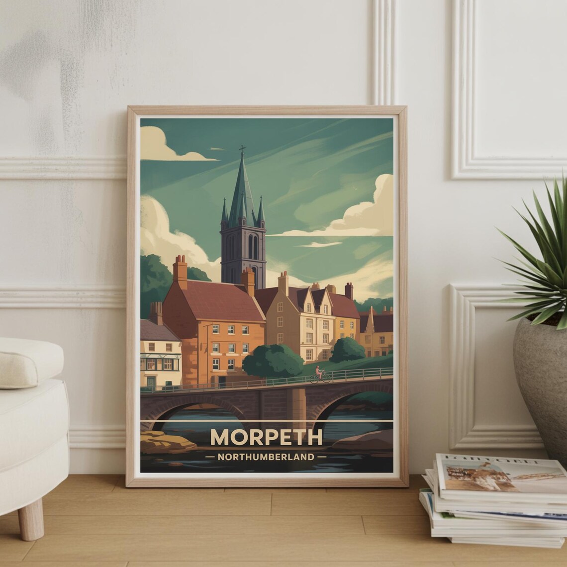 Morpeth Northumberland Church Spire River Travel Vintage Style Poster