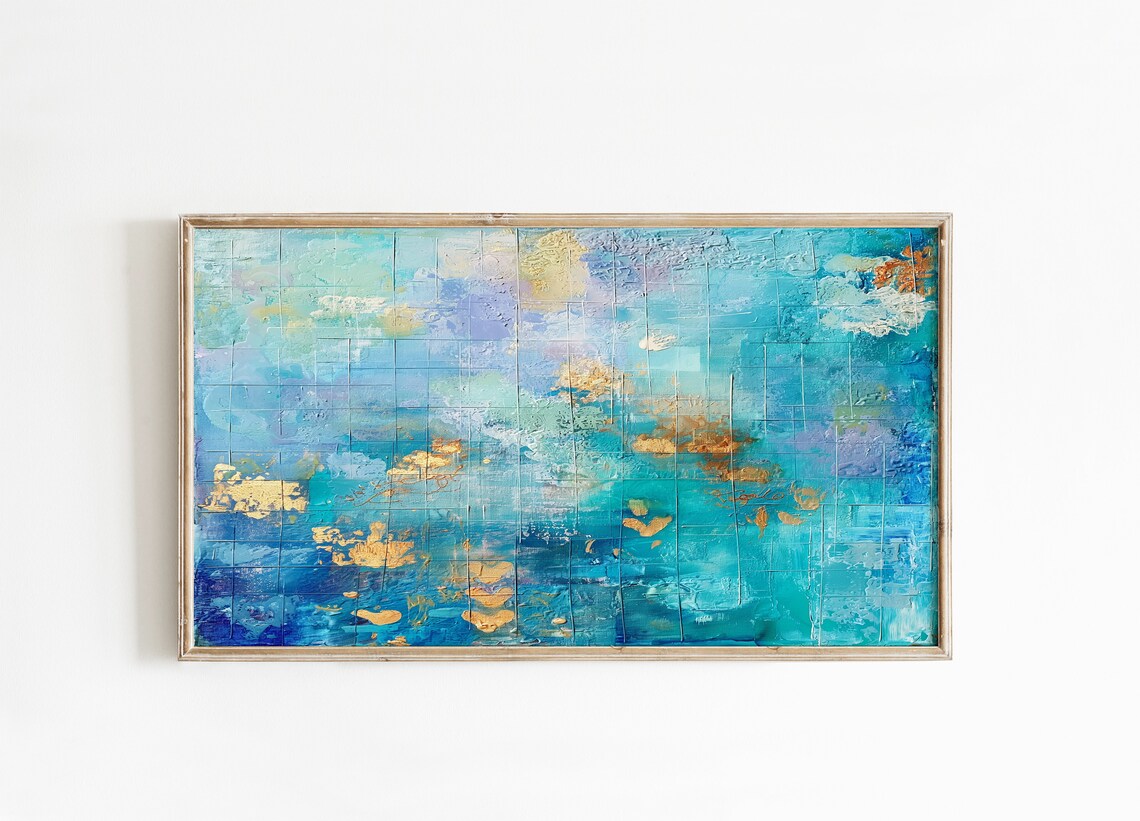 Textured Blue Teal Gold Leaf Ocean Abstract Oil Painting Wall Poster