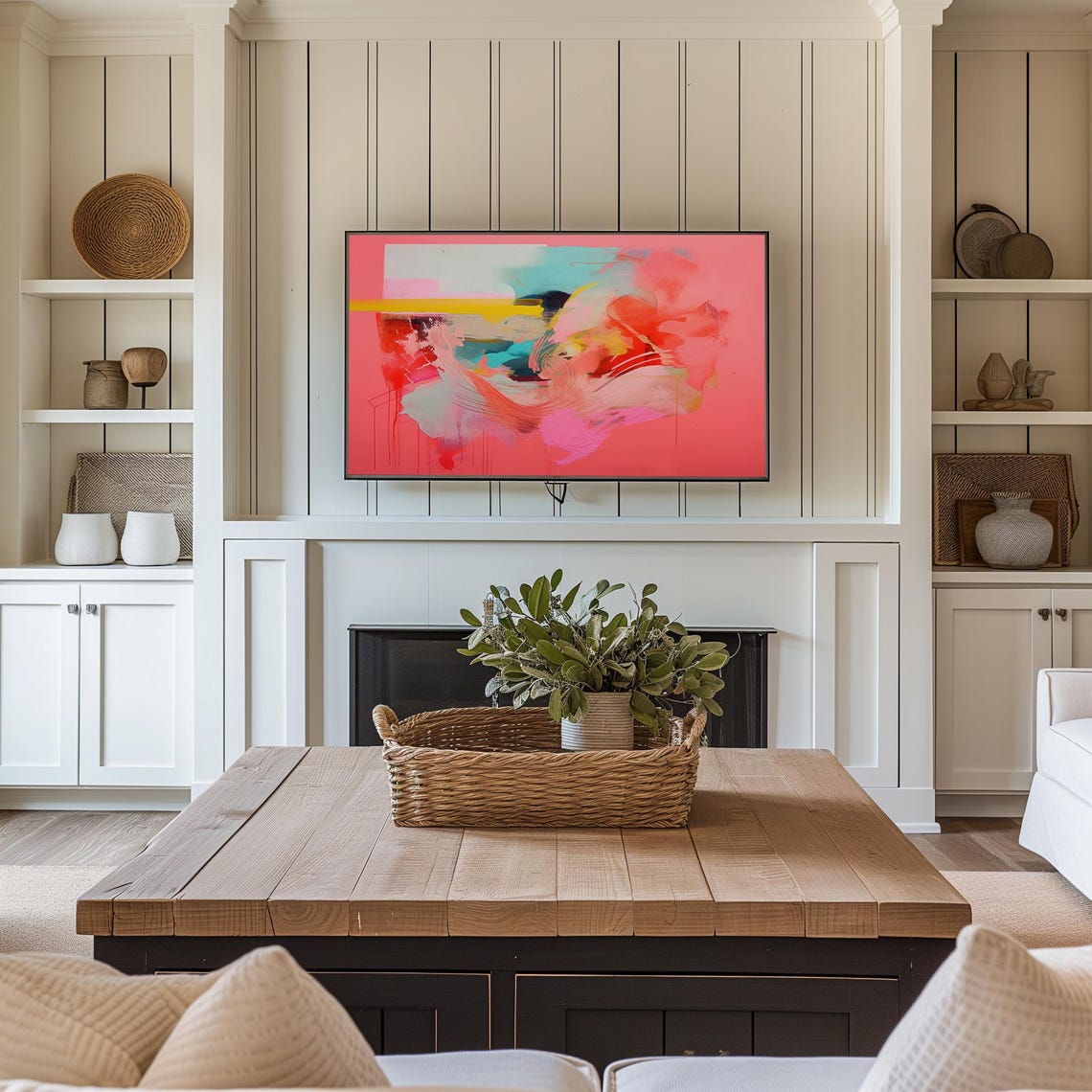 Coral Pink Abstract Painting With Vibrant Red Teal Swirls Poster - Image 3