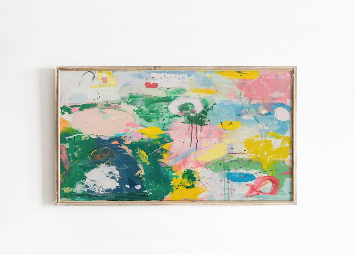 Vivid Green Abstract Painting With Pink Yellow Bold Strokes Poster