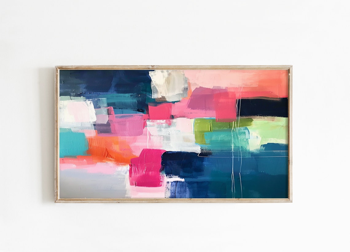 Bold Navy Pink Teal Color Blocks Modern Abstract Oil Painting Poster