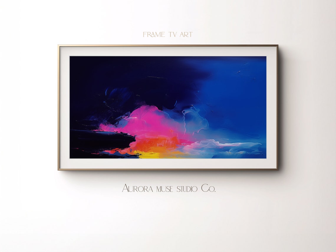 Dark Navy Neon Pink Cloud Night Dramatic Abstract Oil Painting Print - Image 4