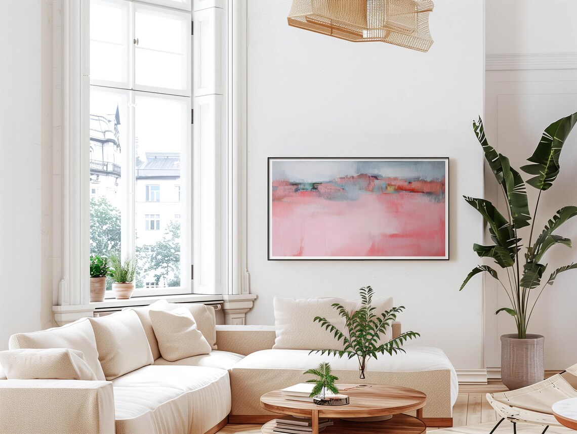 Soft Pink Abstract Painting With Red Teal Horizon Band Art Poster - Image 5