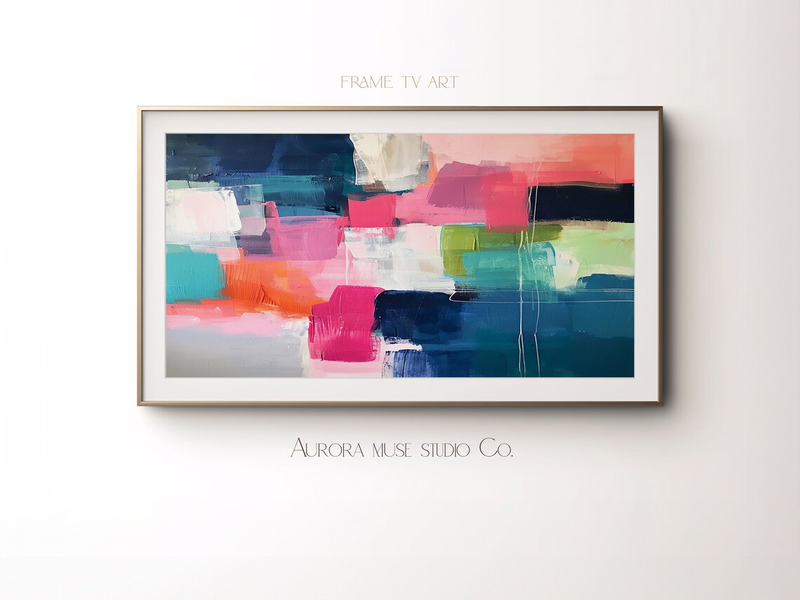 Bold Navy Pink Teal Color Blocks Modern Abstract Oil Painting Poster - Image 4