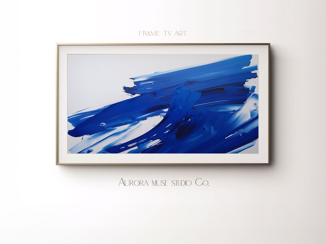 Bold Blue Brushstroke Abstract Painting Minimalist White Wall Poster - Image 4