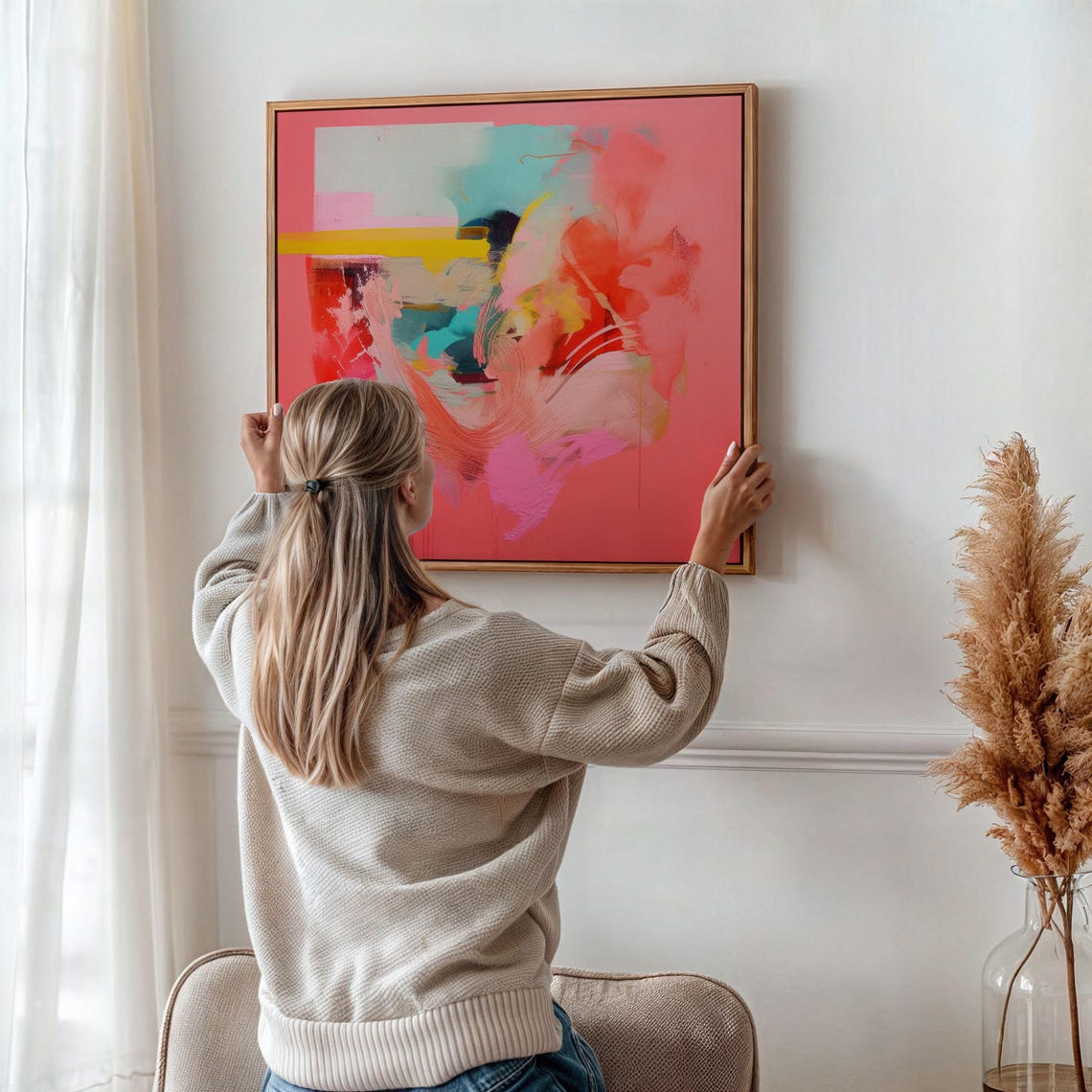 Coral Red Abstract With Teal And Yellow Brushstrokes Wall Art - Image 4
