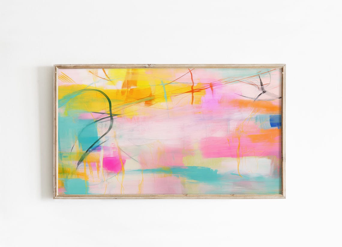 Bright Yellow Pink Abstract Painting With Teal Accent Lines Poster