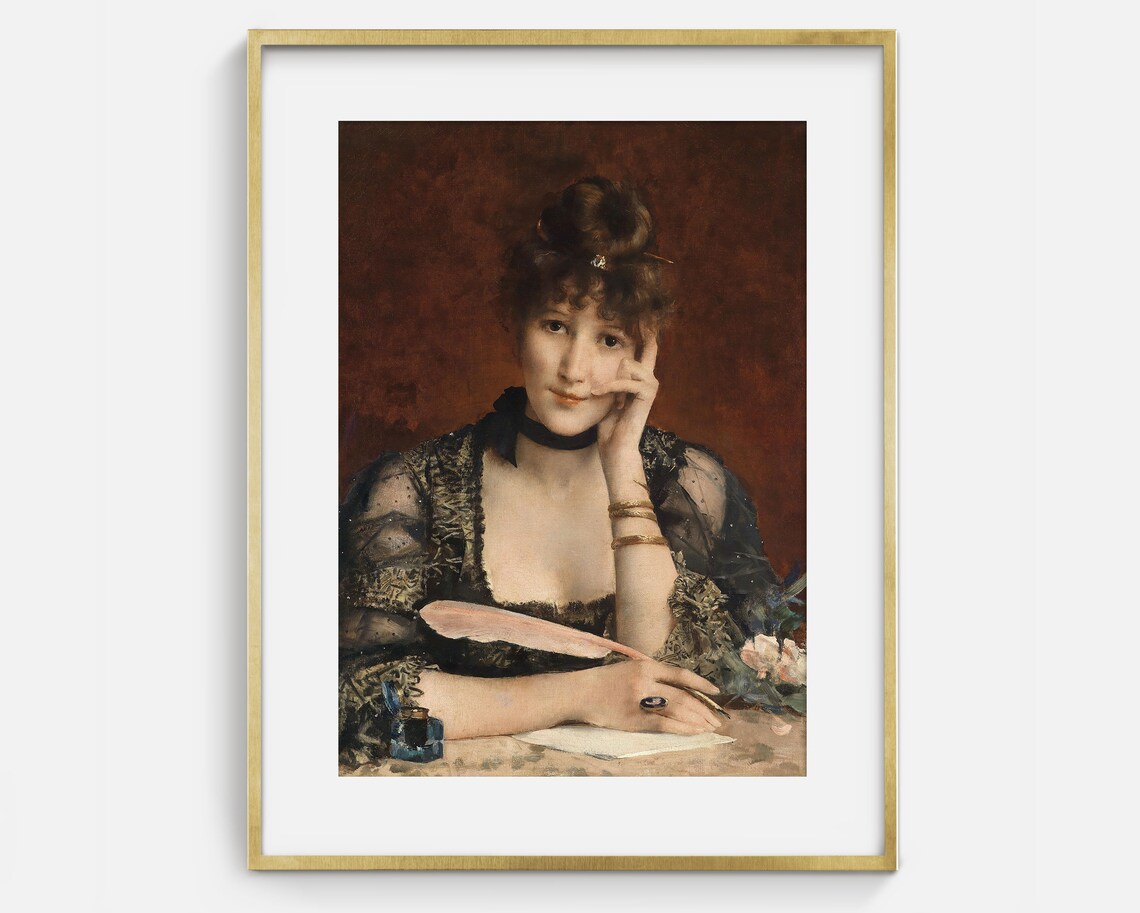 Portrait Young Woman Writer Quill Inkwell Writing Desk 19th Century Art Print - Image 2