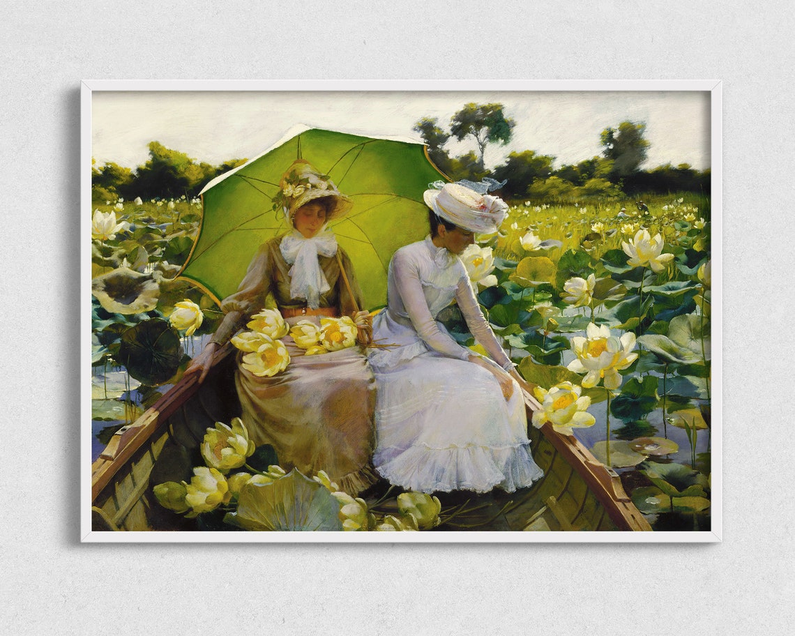 Vintage Painting Of Women In Rowboat Lilly Pad Pond Painting Antique Summer Day Art Vintage Painting