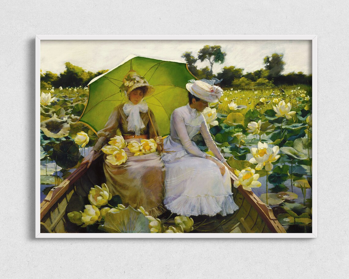 Women In Rowboat Among Lotus Lilies Green Parasol Painting Poster