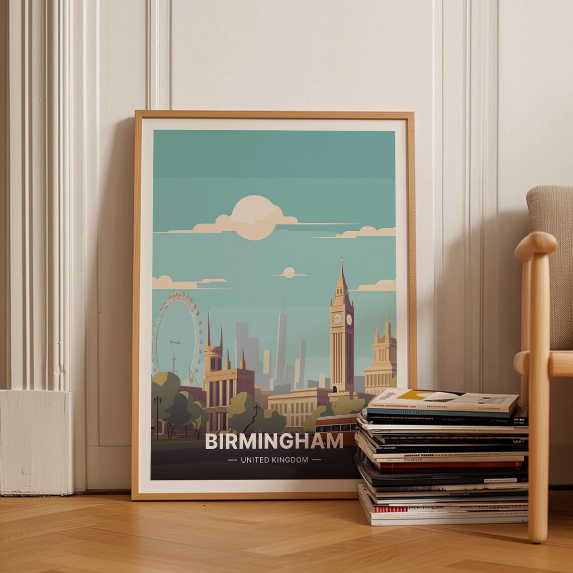 Birmingham England Travel Poster Big Ben London Eye Skyline Art