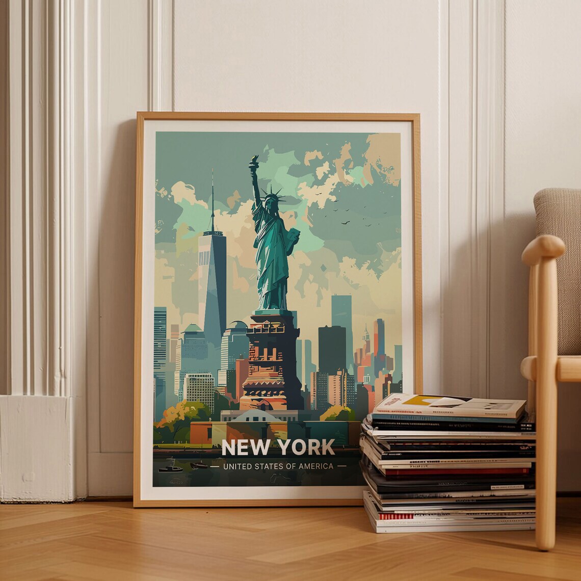 New York Statue of Liberty Manhattan Skyline Vintage Travel Poster